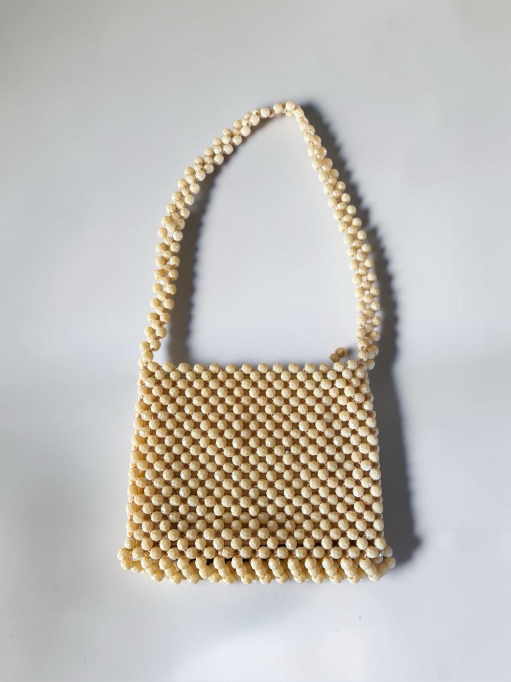 Vintage 60s Ivory Beaded Evening Bag Faceted Bead Shoulder Purse Cocktail